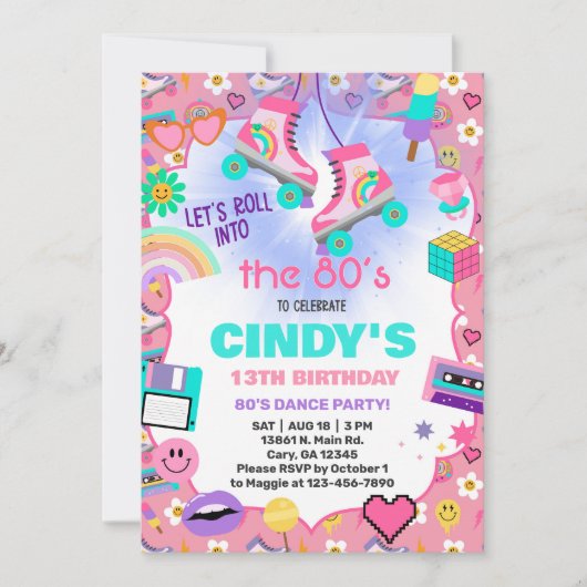 Terug naar de 80's rolschaatsen verjaardag uitnodi kaart (Voorkant)