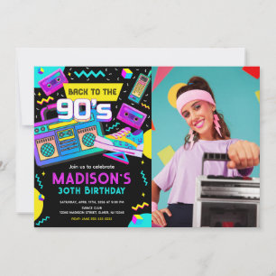Terug naar de 90s Moderne Retro Neon Foto Verjaard Kaart