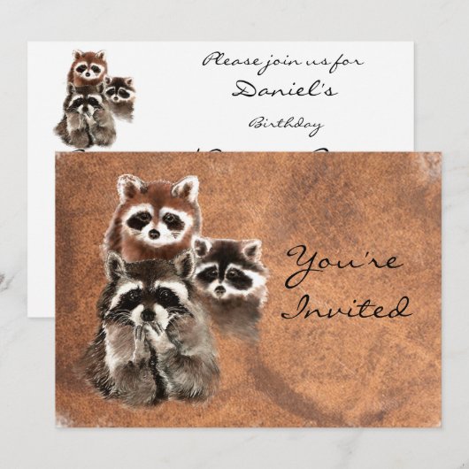 Terug naar Natuur Raccoons Animal Birthday Invite Kaart (Voorkant / Achterkant)