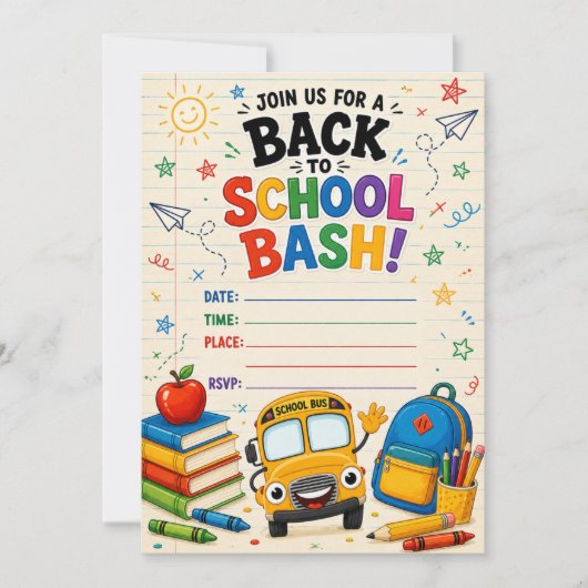 Terug naar school Bash Bus en Boeken Uitnodiging (Voorkant)