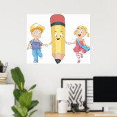 Terug naar school Cartoon Happy Pencil en Kinder Poster (Thuiskantoor)