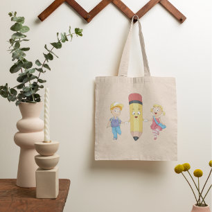 Terug naar school Cartoon Happy Pencil en Kinder Tote Bag