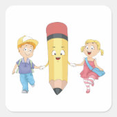 Terug naar school Cartoon Happy Pencil en Kinder Vierkante Sticker (Voorkant)