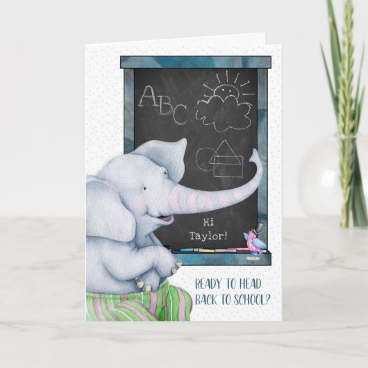 Terug naar School Elephant Chalkboard Personaliser Kaart (Voorkant)