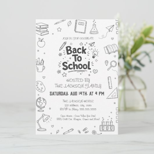 Terug naar school feest handgetekend kaart (Staand voorkant)