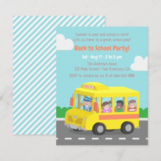 Terug naar school gele bus kinderfeest uitnodiging (Voorkant / Achterkant)