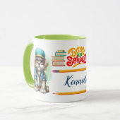 Terug naar school hond dragen rugzak gepersonalise mok (Voorkant links)