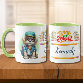 Terug naar school hond dragen rugzak gepersonalise mok