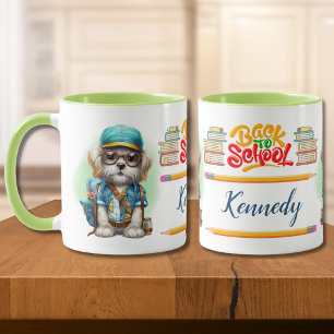 Terug naar school hond dragen rugzak gepersonalise mok