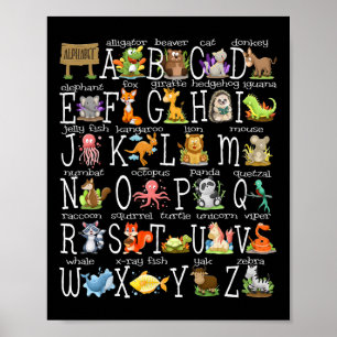 Terug naar school kinderen Cute dieren A-z Alfabet Poster
