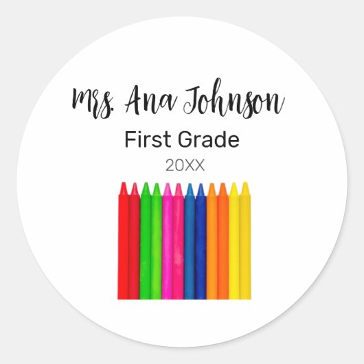 Terug naar school kleurpotloden voegen naam klasse ronde sticker (Voorkant)