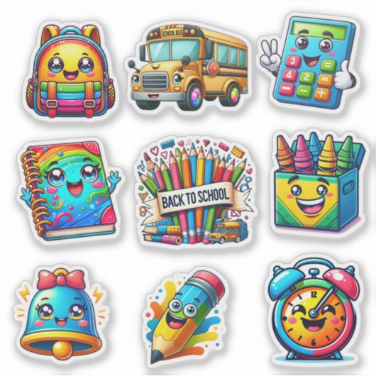 Terug naar school kleurrijke elementen set van 9 sticker (Voorkant)