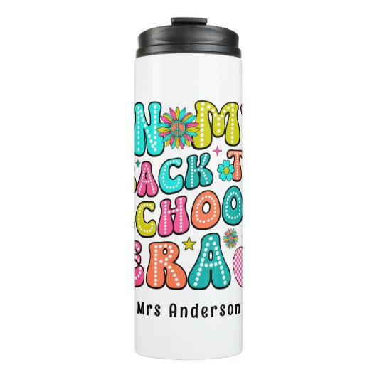 Terug naar school kleurrijke retro leraar thermosbeker (Voorkant)