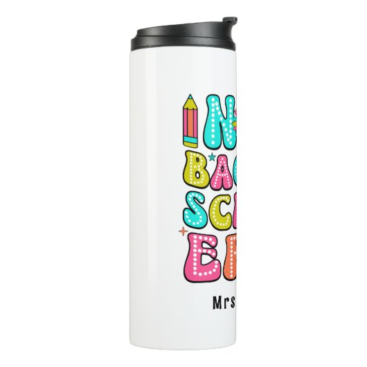 Terug naar school kleurrijke retro leraar thermosbeker (Gedraaid links)