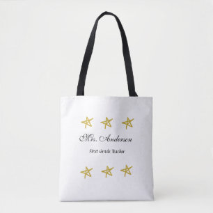 Terug naar school leraar naam gouden sterren waard tote bag