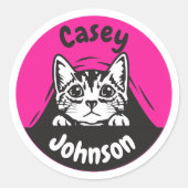 Terug naar school naam label, schattig gluren kat ronde sticker (Voorkant)