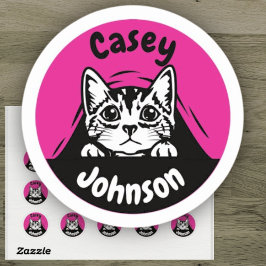 Terug naar school naam label, schattig gluren kat ronde sticker