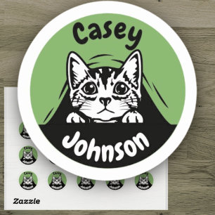 Terug naar school naam label, schattig gluren kat ronde sticker