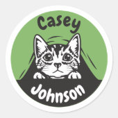 Terug naar school naam label, schattig gluren kat ronde sticker (Voorkant)