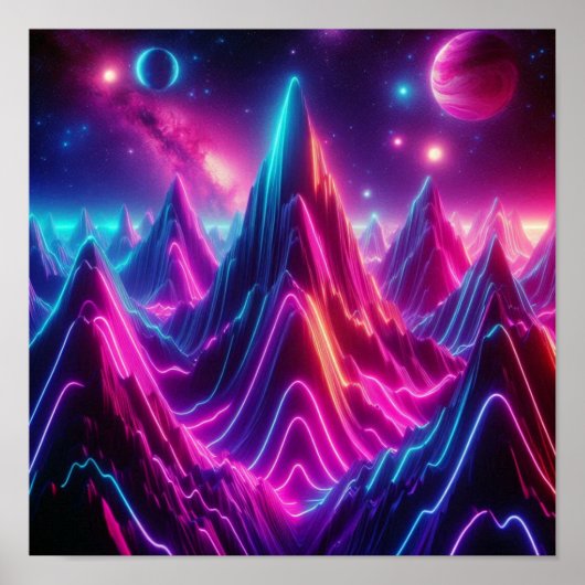 Terug naar school Neon Kosmische Bergzicht Poster (Voorkant)