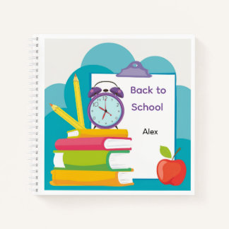 Terug naar school notitieboek met boeken en wekker