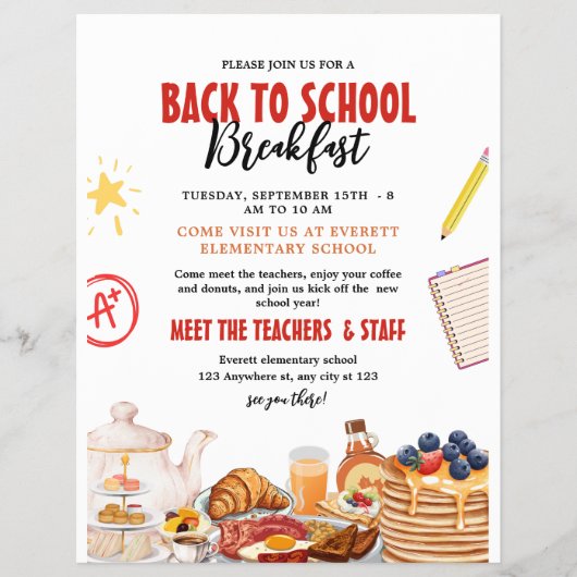 Terug naar school Ontbijt flyer, Ontmoet de leerkr Flyer (Voorkant)