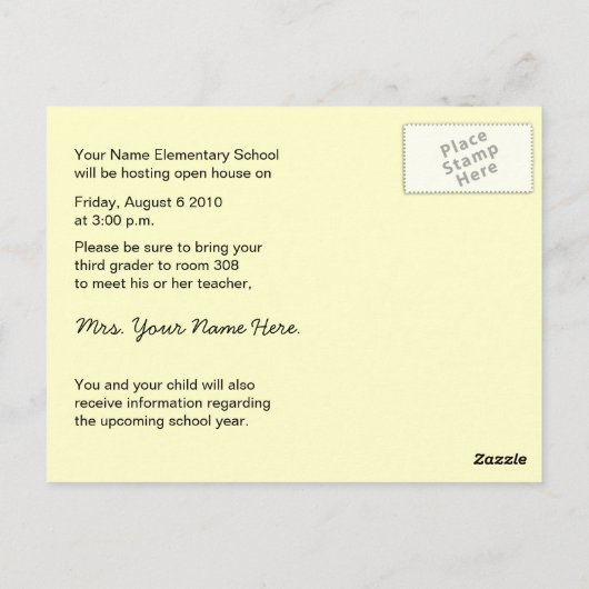 Terug naar School Open House/Orientation Briefkaar Briefkaart (Achterkant)