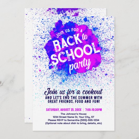 Terug naar School Party Paint Splatter Uitnodigen Kaart (Voorkant / Achterkant)