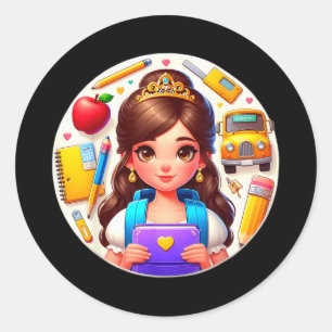 Terug naar school schattige prinses meisjes studen ronde sticker