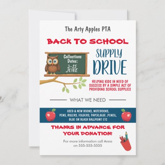 Terug naar School Supply Drive Fundraiser FLYER Kaart (Voorkant)