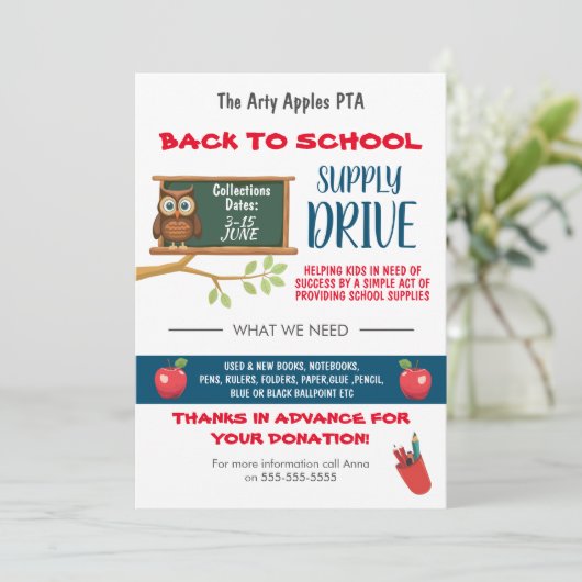 Terug naar School Supply Drive Fundraiser FLYER Kaart (Staand voorkant)