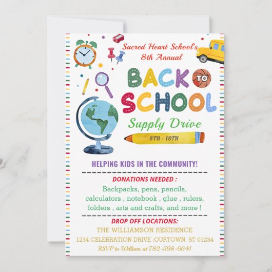 Terug naar School Supply Drive Party Kaart (Voorkant)