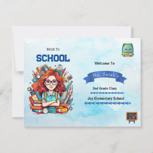 Terug naar School Teacher Blue Waterverf Custom Briefkaart