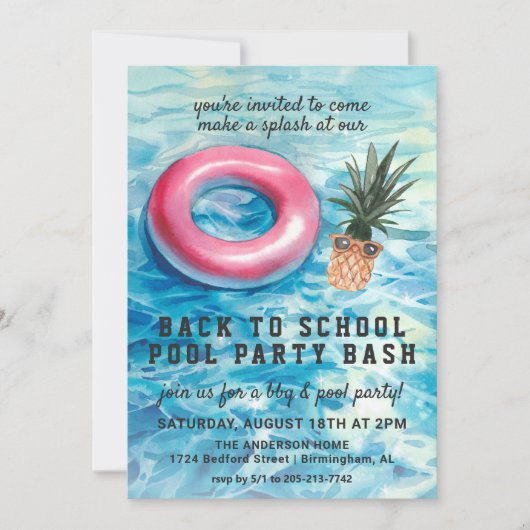 Terug naar school zwembadfeest BBQ uitnodiging (Voorkant)