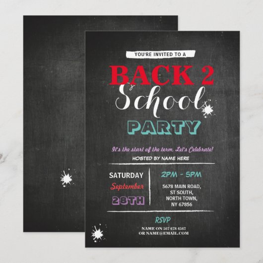 Terug naar schoolfeest Chalkboard Fun Ink Invite Kaart (Voorkant / Achterkant)