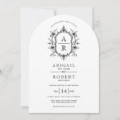 Terug, witte bloemenkam monogram gebogen bruiloft kaart (Voorkant)