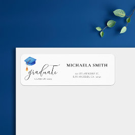 Teruggaveadres Blue Modern Script Afstuderen Etiket