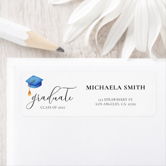 Teruggaveadres Blue Modern Script Afstuderen Etiket (Insitu)