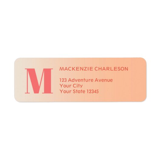 Teruggaveadres voor perzikkleurige verloopmonogram etiket (Voorkant)