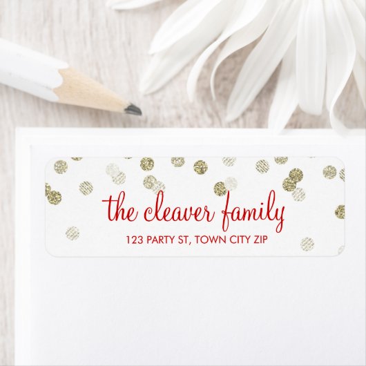 TERUGKEER ADDRESS confetti polka dot glitter gold Etiket (Insitu)