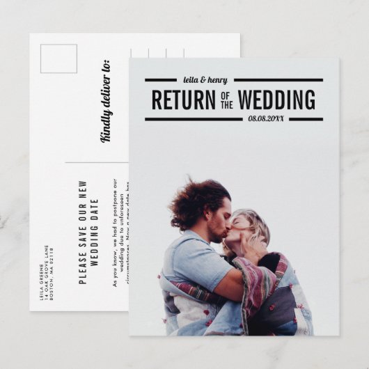 Terugkeer van de bruiloft uitgestelde bruiloft fot aankondigingskaart (Voorkant / Achterkant)