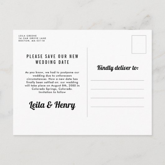 Terugkeer van de bruiloft uitgestelde bruiloft fot aankondigingskaart (Achterkant)