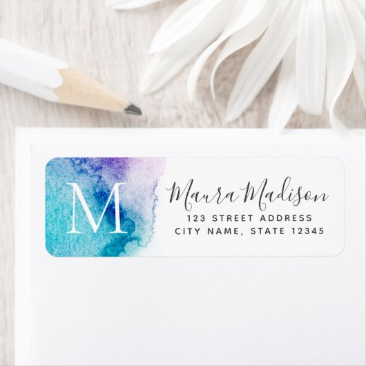 Terugkeeradres Aqua paarse waterverf monogram Etiket (Insitu)