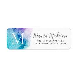 Terugkeeradres Aqua paarse waterverf monogram Etiket