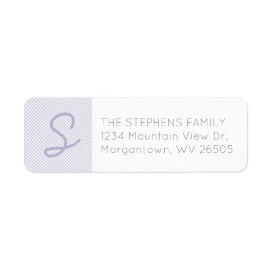 Terugkeeradres paars initiaal Gingham baby shower Etiket (Voorkant)