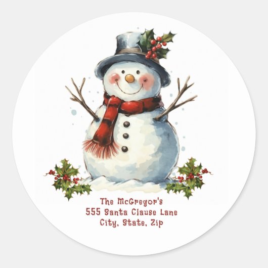 Terugkeeradres van Christmas Snowman Ronde Sticker (Voorkant)