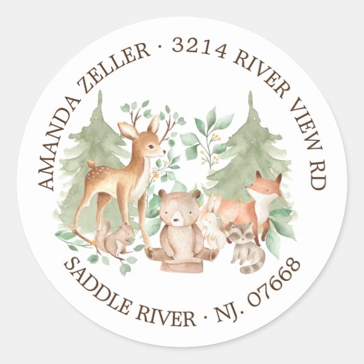 Terugkeeradreslabel van Woodland Forest Baby showe Ronde Sticker (Voorkant)