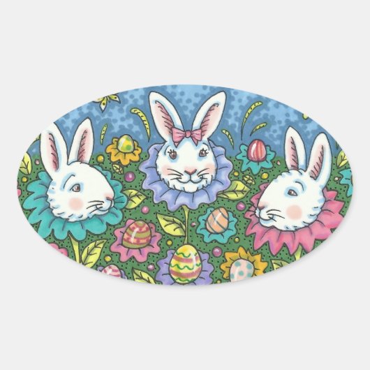 TERUGMAKERE EGG GARDEN, BUNNY RABBIT FLOWERS OVALE STICKER (Voorkant)