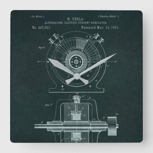 Tesla AC motor blauwdruk klok (Voorkant)