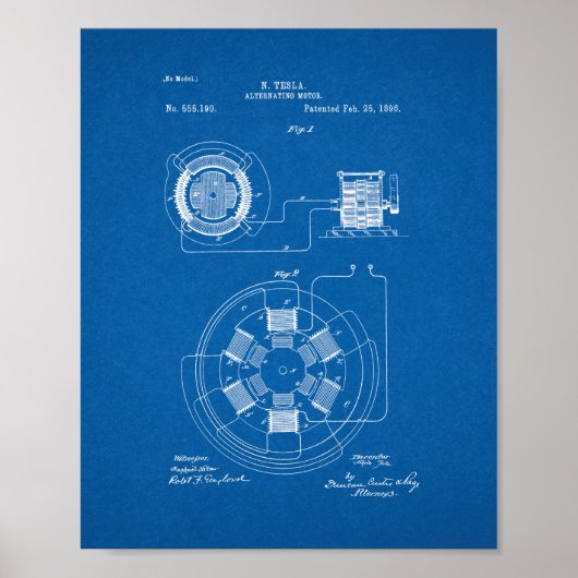 Tesla Alternating Motor Patent - Blauwdruk Poster (Voorkant)